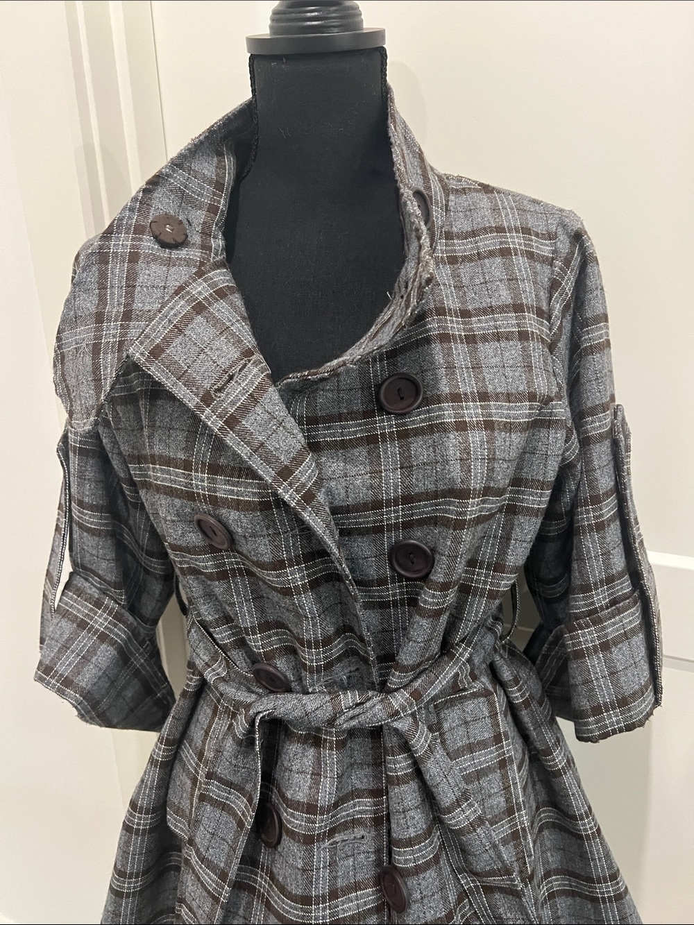 Plaid Double-Breasted Gray & Brown Coat - Picture 6 of 8